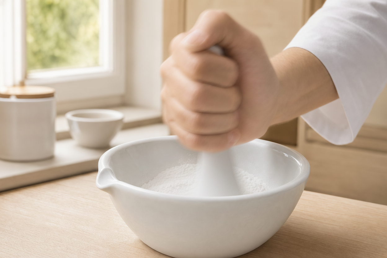 Almofariz de porcelana durante a trituração de um medicamento homeopático