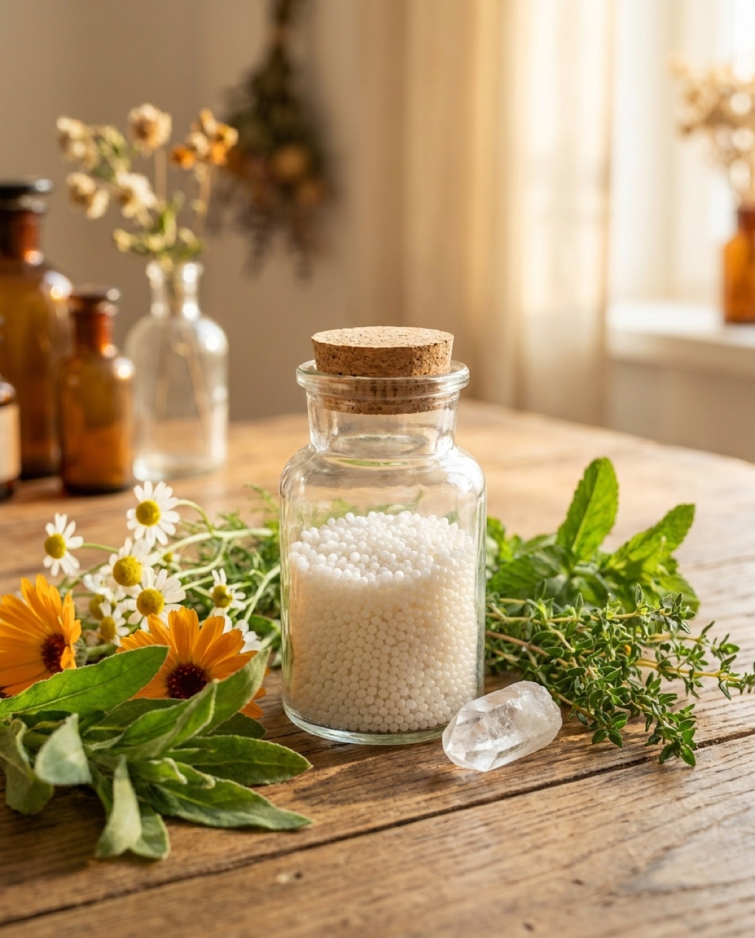Frasco de medicamento homeopático com grânulos